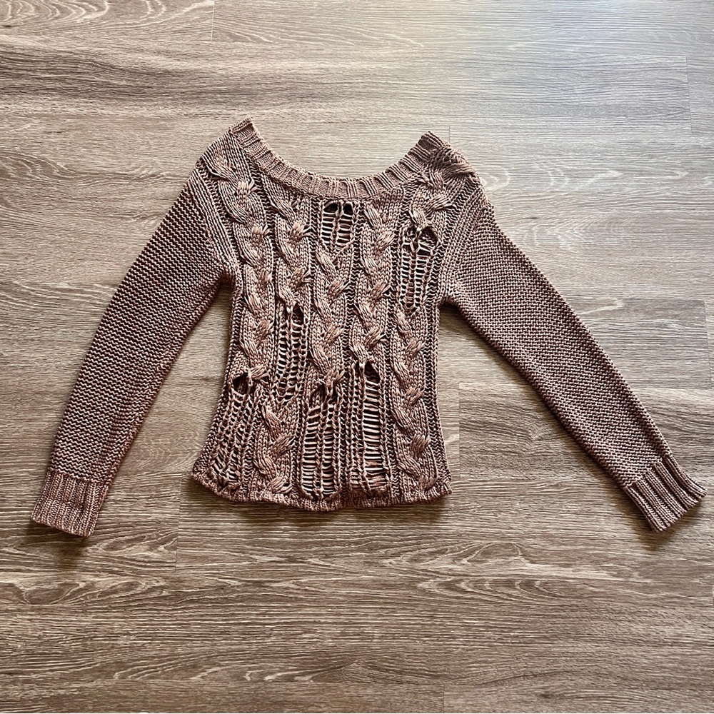 Off shoulder/ Boat neck Mauve Brown Cable Knit Sweater